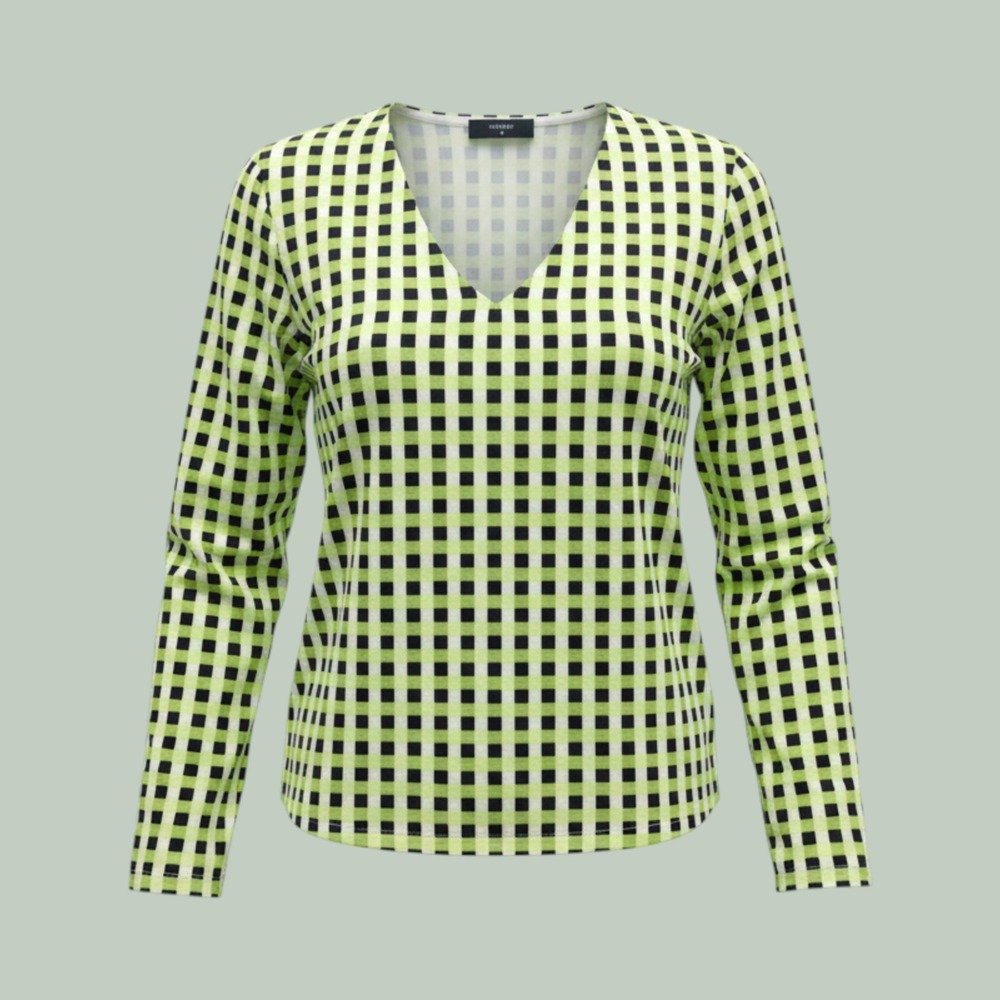 Retro Gingham Plaid Preppy Mod V-Neck Long Sleeve Blouse Womens XS Green Tahari
